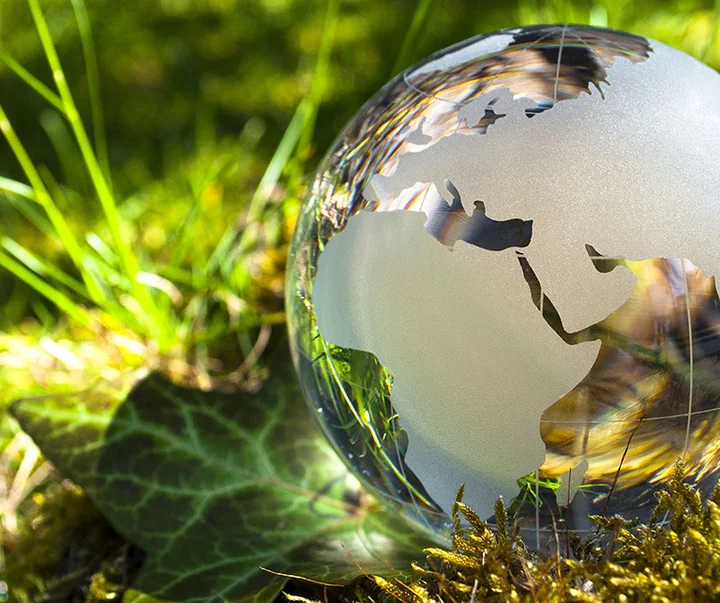 Weltkugel aus Glas, Erde mit Gras und Sonne, Naturschutz, Umweltschutz, Klimaschutz 